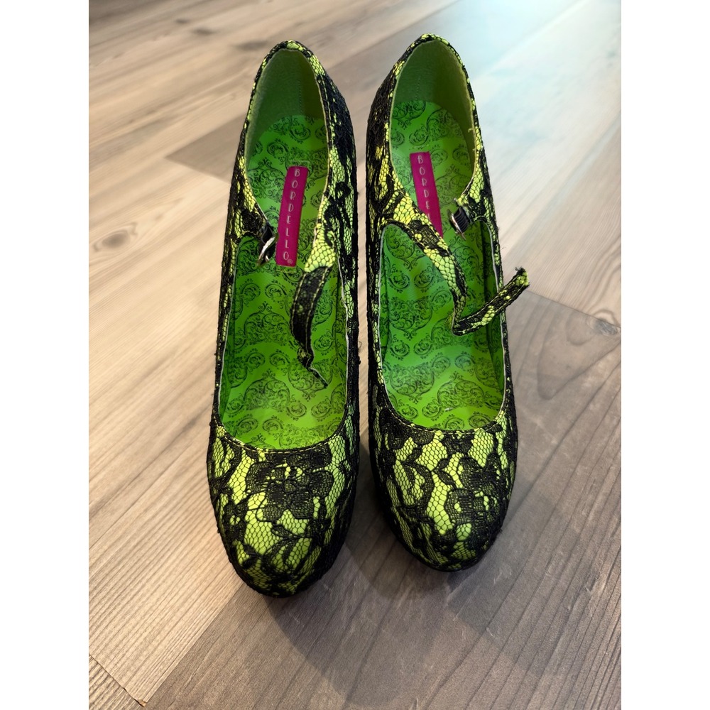 Bordello Pleaser Neon Green Black Lace Mary Jane Platform Stiletto Heels Size 8